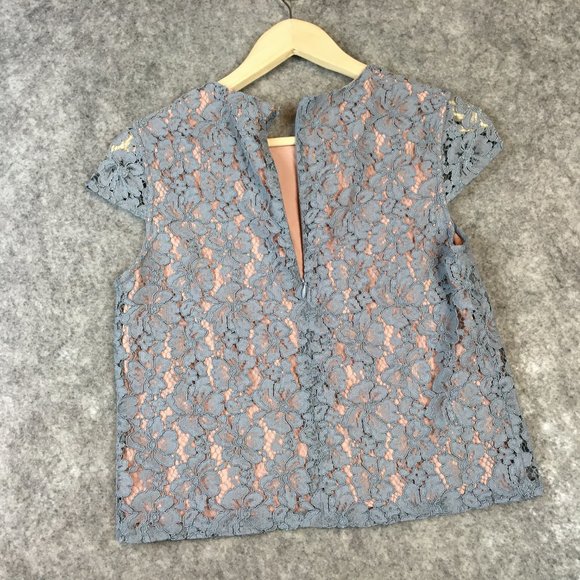 Cynthia Rowley Blouse Top 2 XS Lace Shell Dusty Blue Floral Cap Sleeve Career - Picture 12 of 13